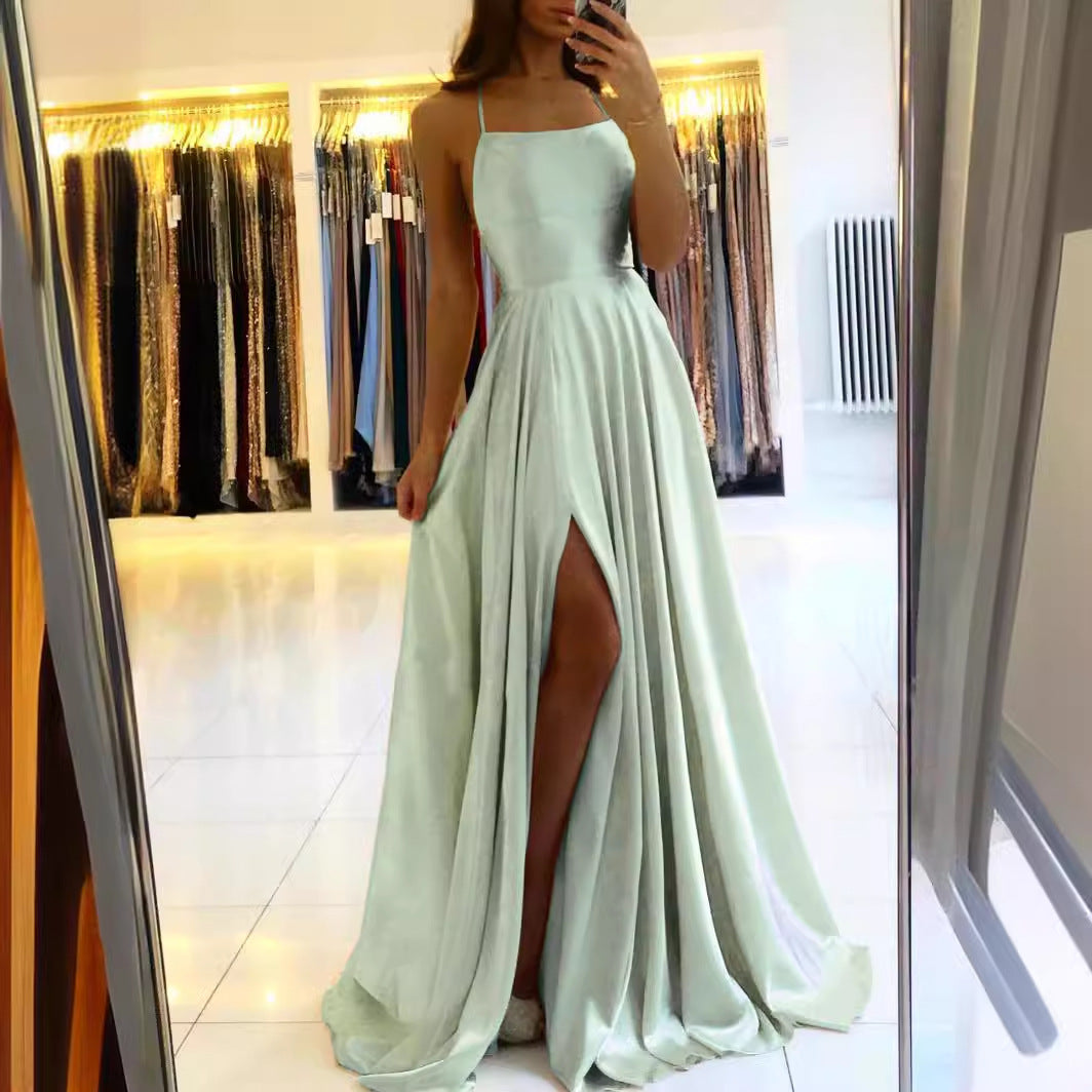 Long Slim Strap Backless Dress with High Slit for Dance and Hosting