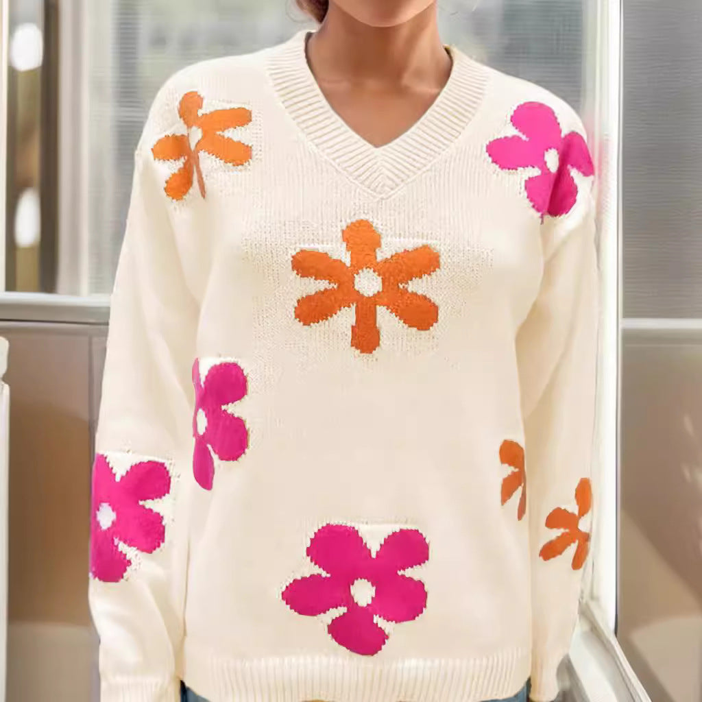 Haut en maille à manches longues et col en V motif floral abricot pour femme