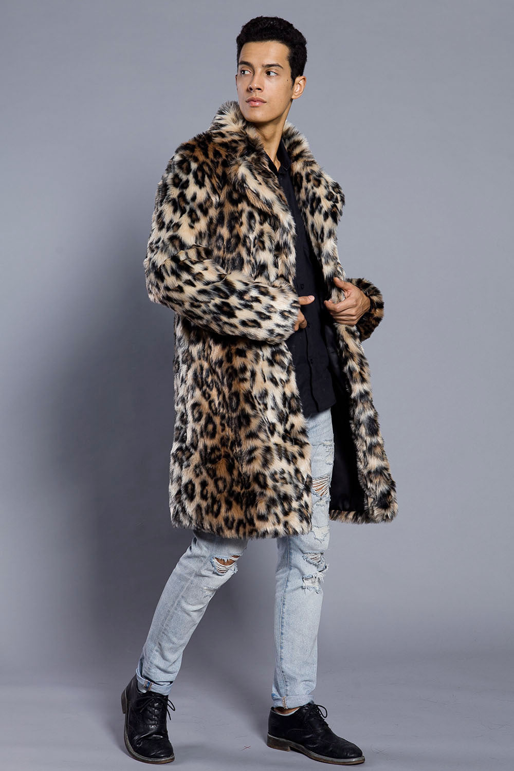 Leopard Color Fur Men's Suit Collar Collar Coat Popular Warm Coat Men
