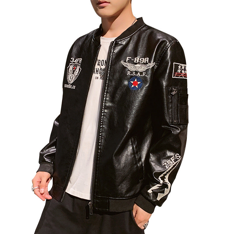 Men's Embroidered PU Leather Motorcycle Jacket with Standing Collar
