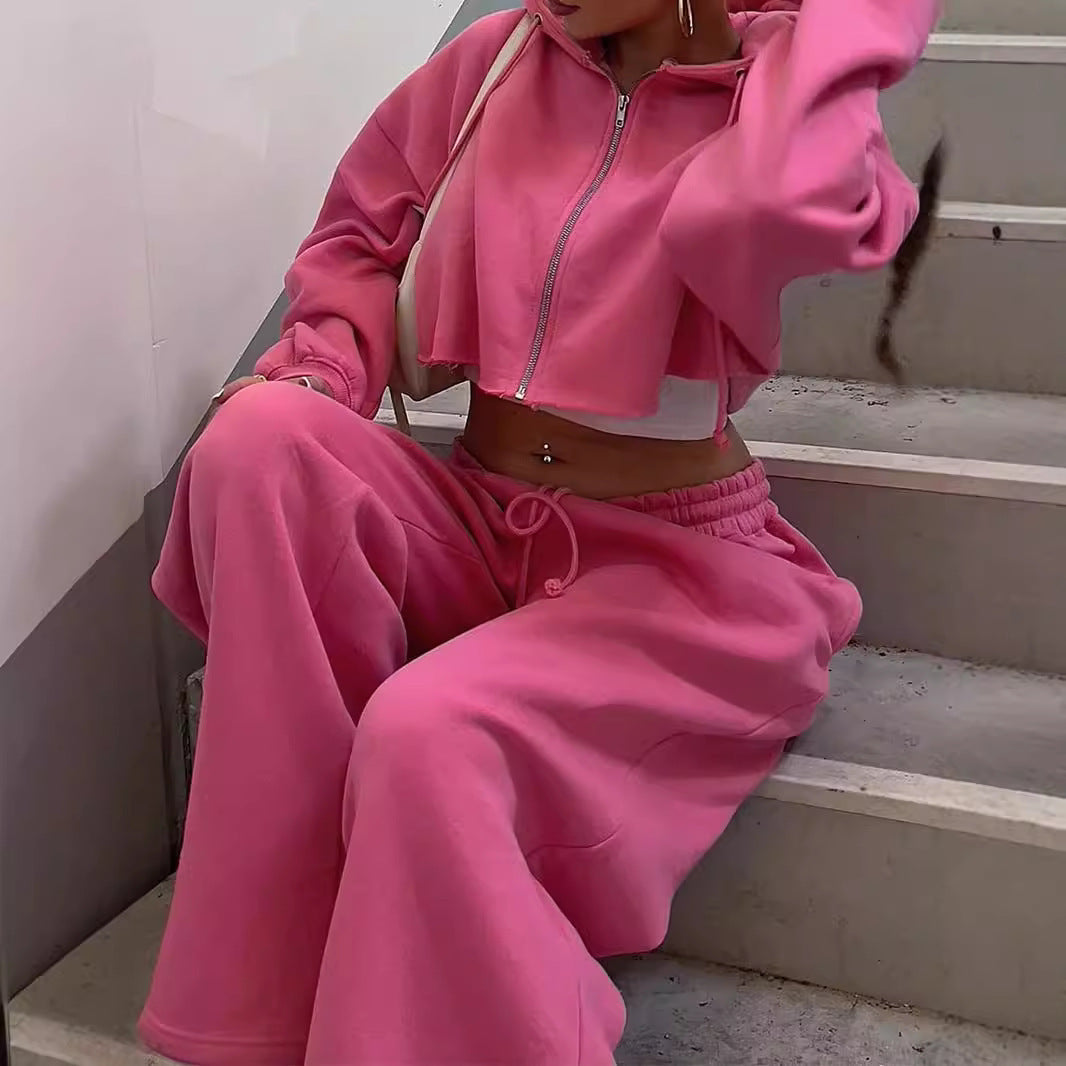 Ensemble cardigan à capuche zippé, pantalon large et ample, style européen et américain