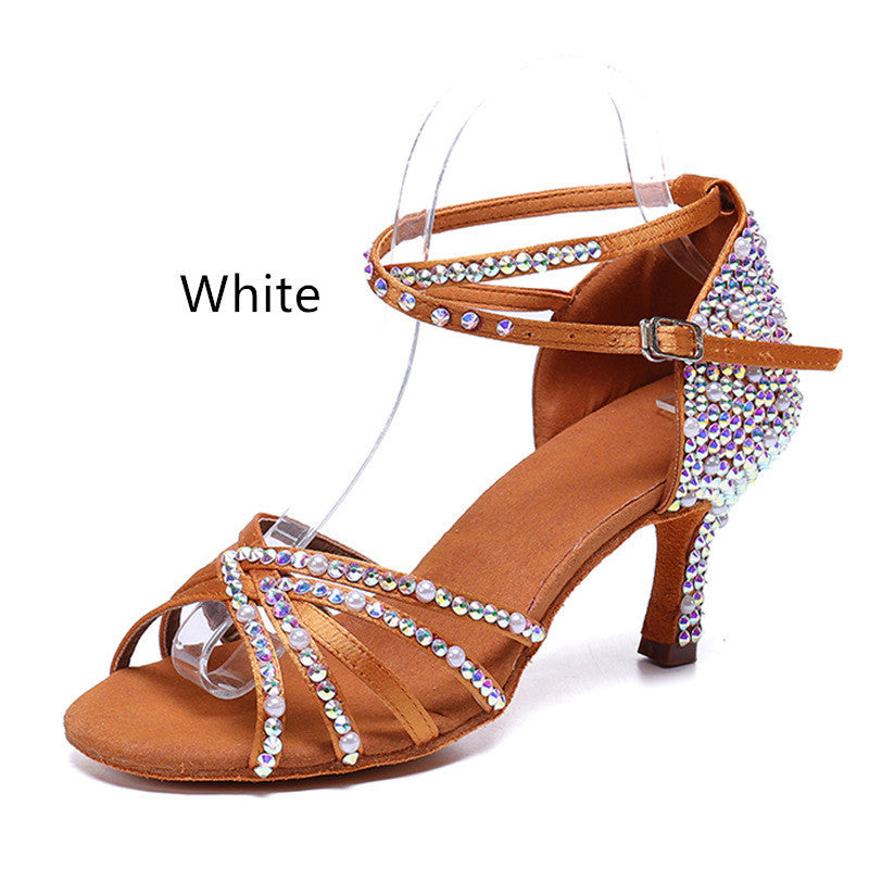Women’s Rhinestone Pearl Satin Latin Dance Shoes High Heels