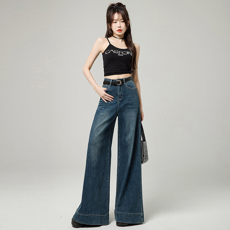 Vintage Blue High Waist Wide Leg Cotton Pants Narrow Version