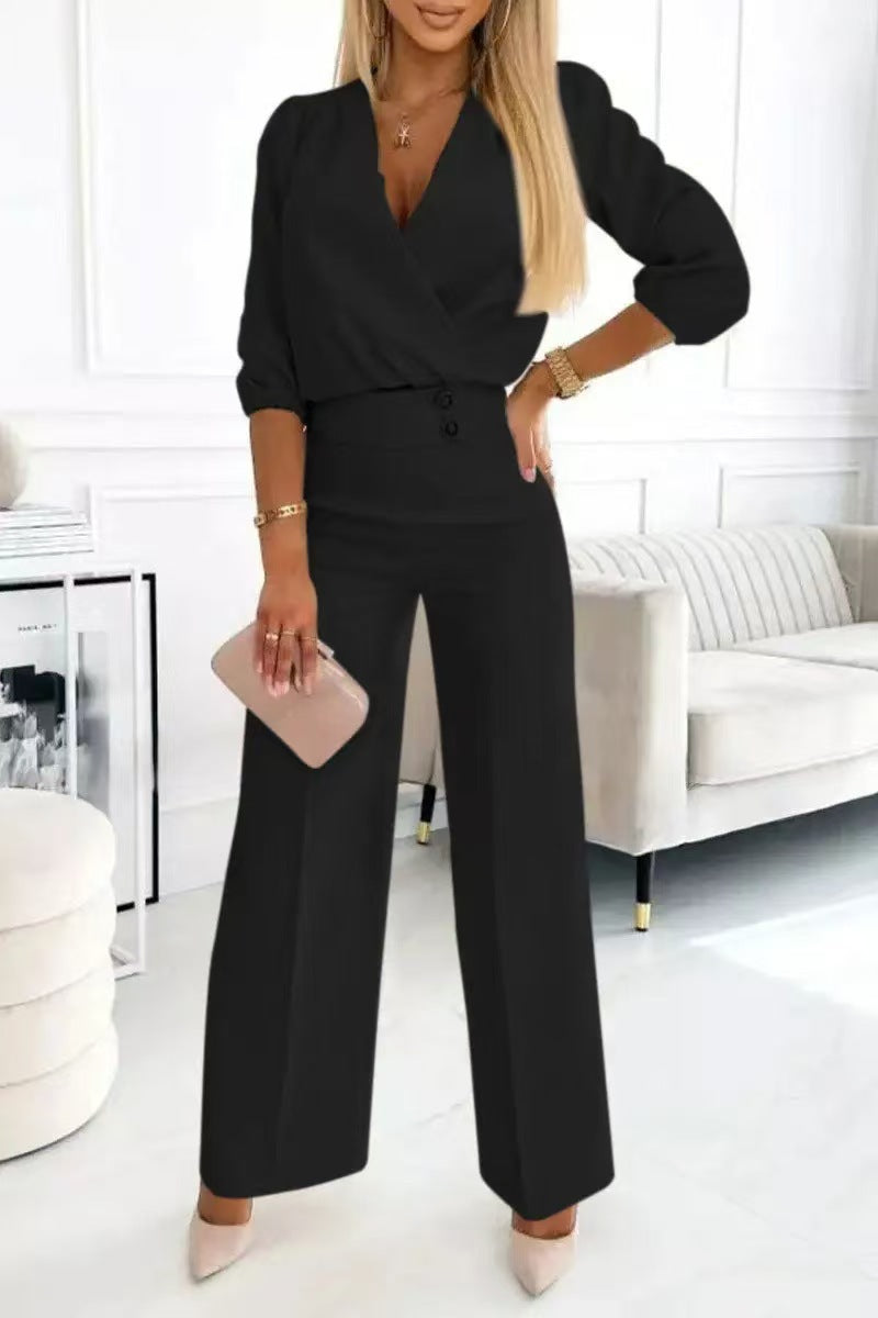 Women's Solid Color And V-neck Two-button 2-piece Trousers Suit