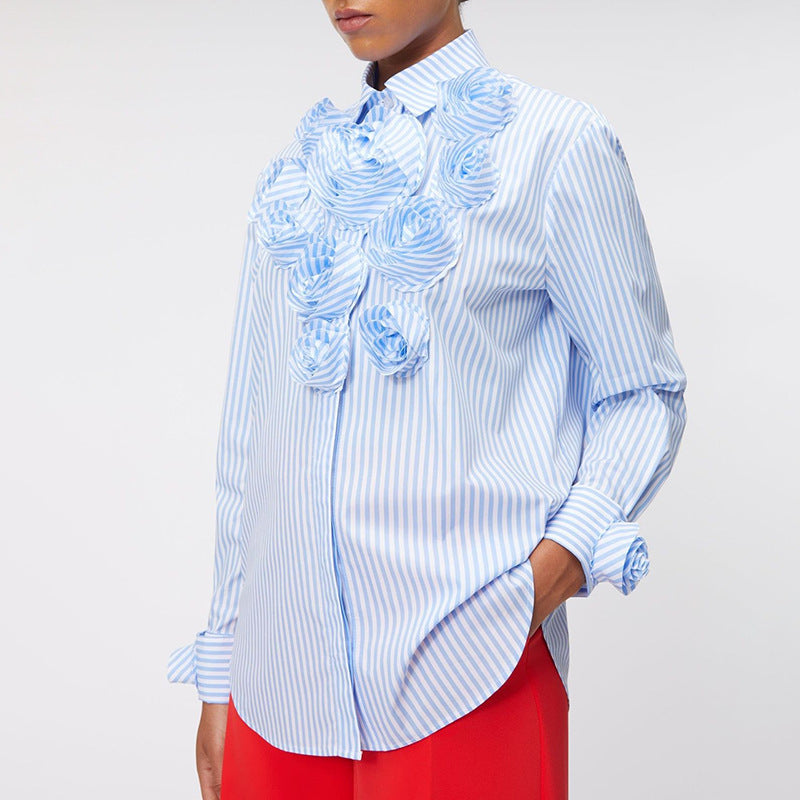 Women's Floral Stitching Polo Collar Top with 3D Decoration