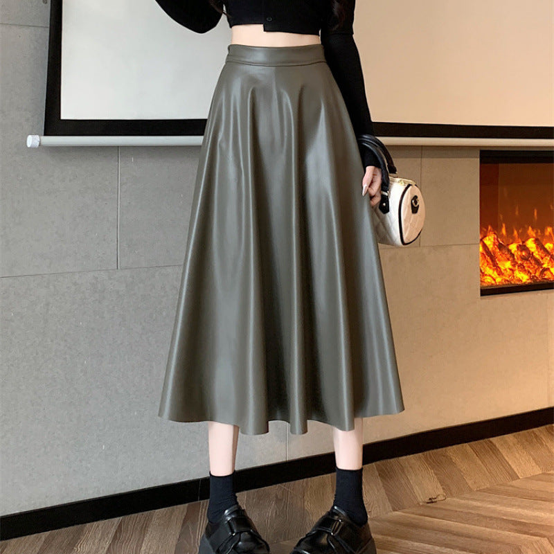 Mid-Length PU Leather Simple A-Line Umbrella Skirt in Army Green & Khaki