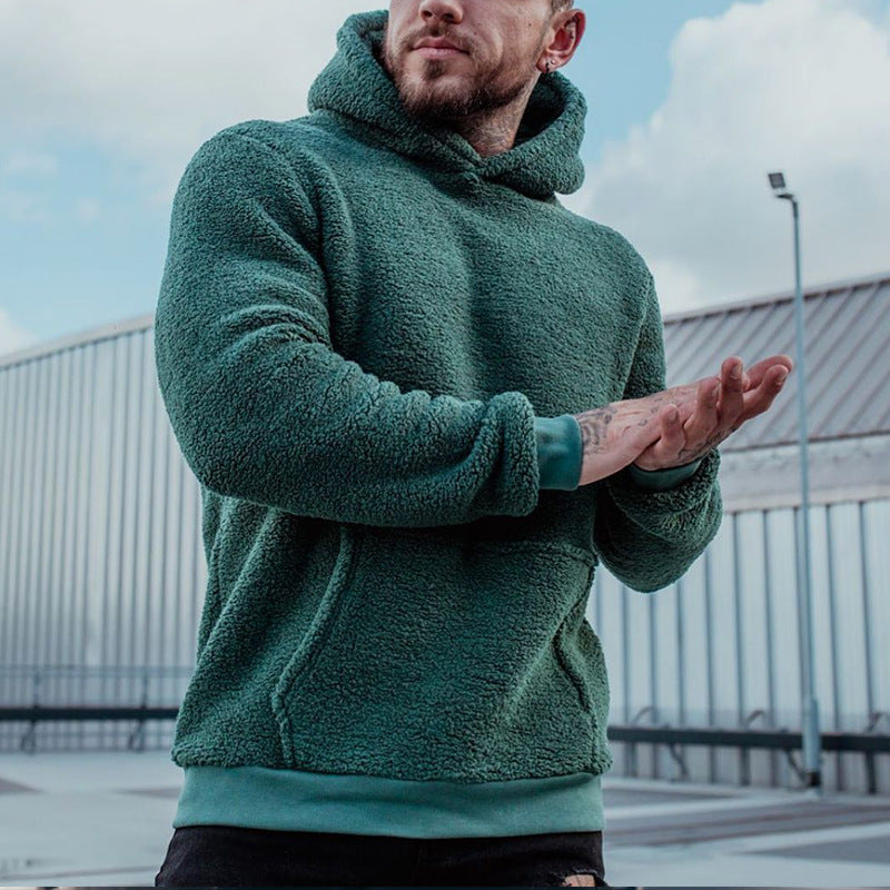 Men's Plush Cotton Hoodie Pullover with Large Pocket Long Sleeve Solid Colors