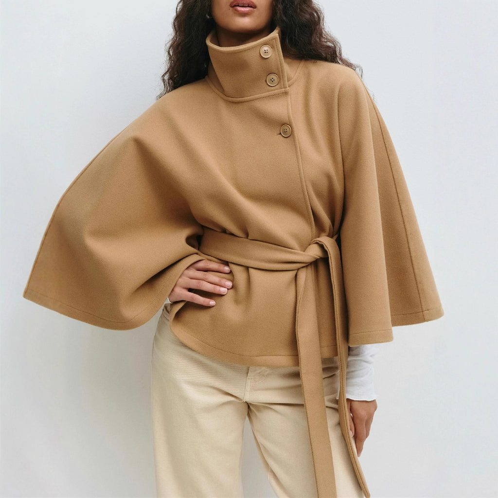 Women's Solid Color Stand-Collar Trench Coat in Apricot, Coffee, Black & Khaki
