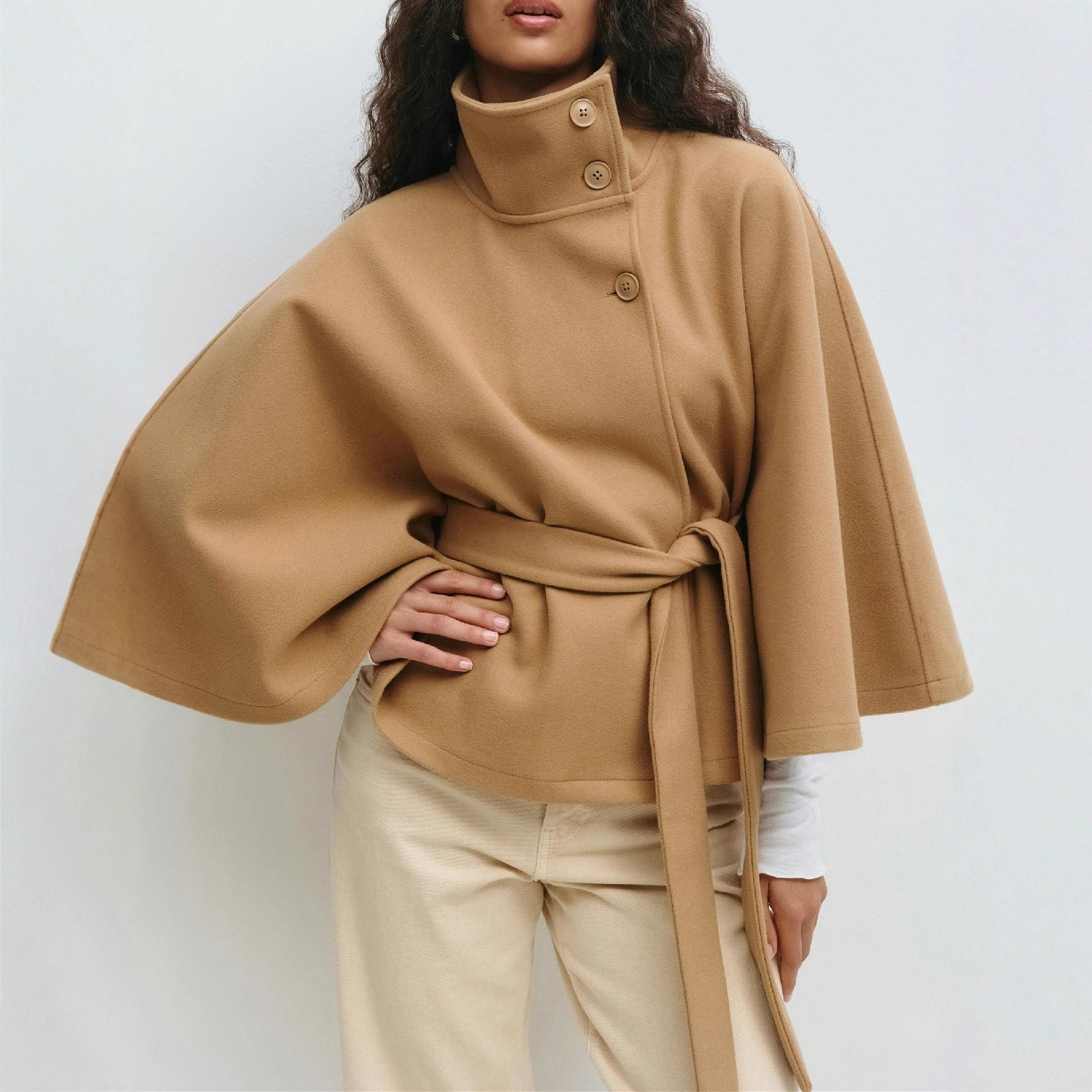 Women's Solid Color Stand-Collar Trench Coat in Apricot, Coffee, Black & Khaki