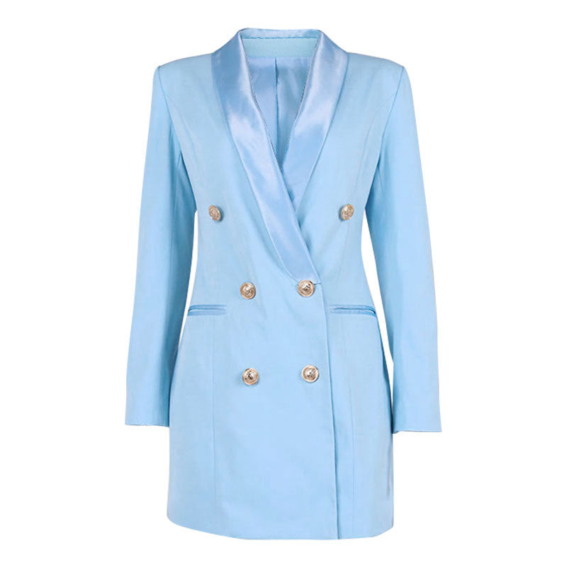 بليزر/فستان أنيق وجذاب بياقة عريضة وأزرار على شكل حرف V عميقة وأكمام طويلة مع وسادات كتف