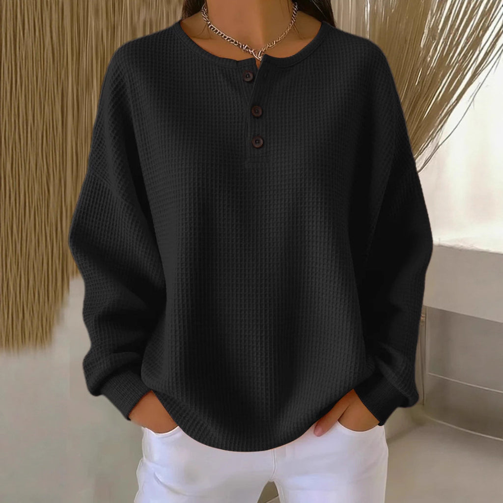 Haut pull à manches longues en tricot gaufré avec boutons, couleur unie, pour femme