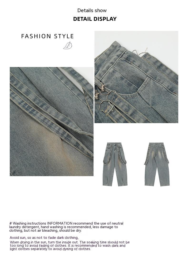 Pantalon en jean délavé décontracté avec motif ruban rétro