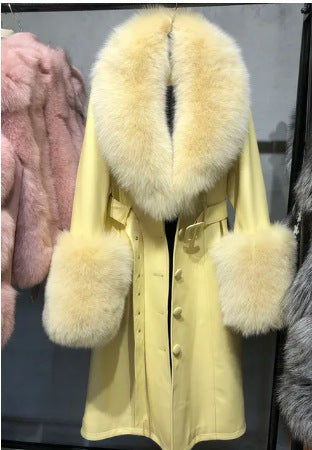 Slim-Fit Genuine Leather Sheepskin Coat with Fox Fur Collar