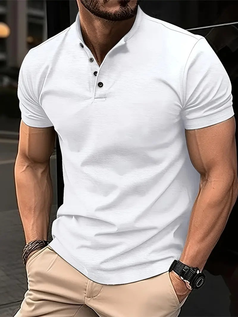 Men's Short-Sleeve Button Henry Collar Sports Polo Shirt Summer Top
