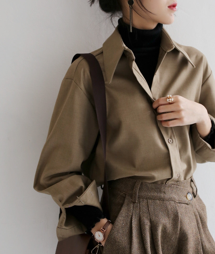 Casual Solid Color Women's Loose V-Neck Long-Sleeve Shirt