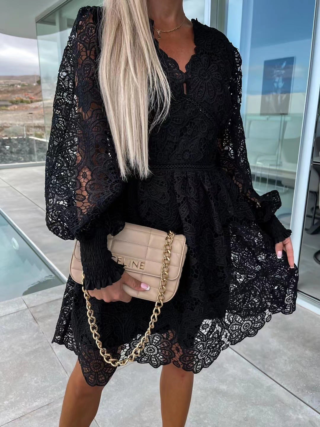 Sexy Hollow Lace Embroidered V-Neck Medium Dress for Commute