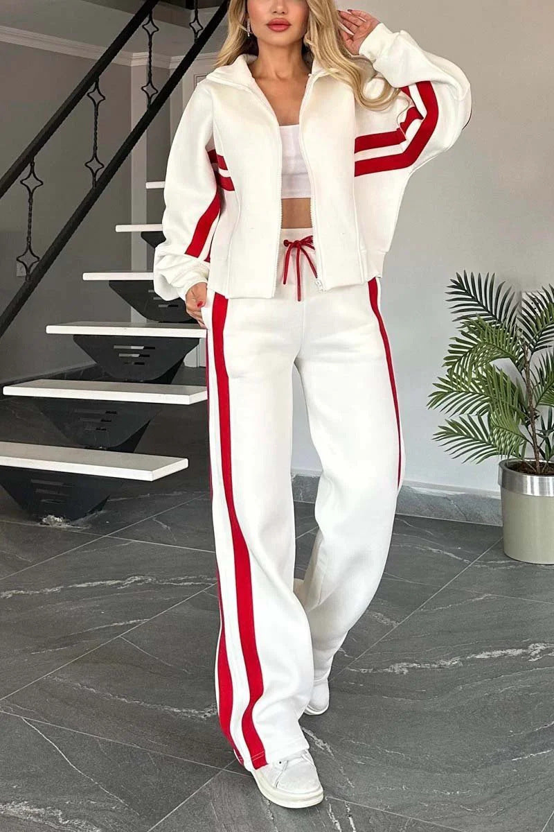 Women’s Casual Striped Zipper Coat and Trousers Set