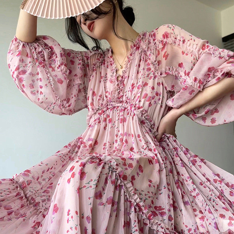 Gentle Puff Sleeve Floral Tea Break Dress