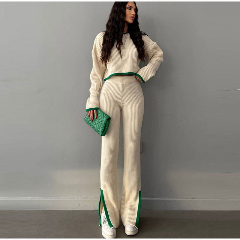 Lazy Color Contrast Women's Knitted Sweater Suit