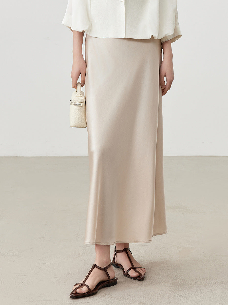 Women's Elegant Silk High Waist A-Line Skirt in Champagne & Black
