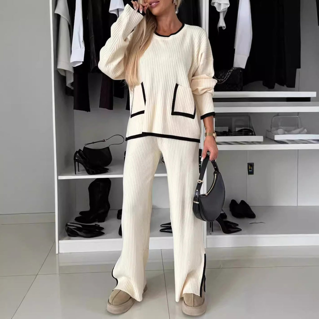 Ensemble Haut Color Block à Poches et Pantalon Large pour Femme