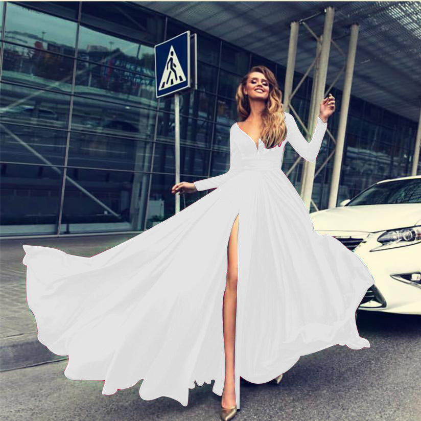 Milk Silk Sexy Deep V Long Sleeve Dress