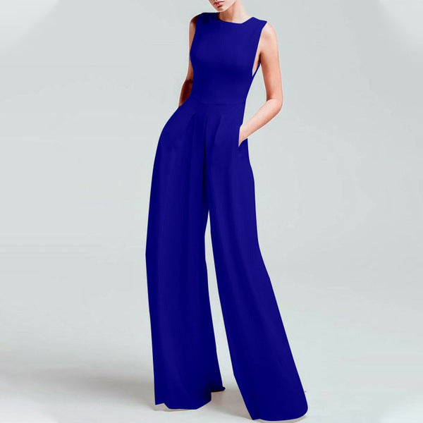 Women's Polyester Sleeveless Wide-Leg Jumpsuit in White, Black & Blue