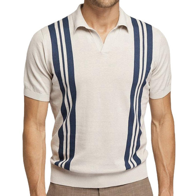Polo décontracté d'été pour homme, manches courtes, rayé, coupe ajustée, col revers