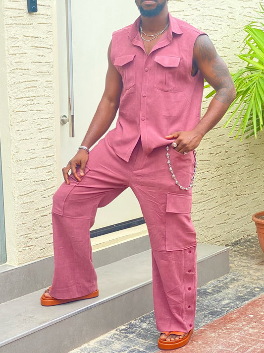 Sleeveless Button - Up Shirt And Cargo Pants Set