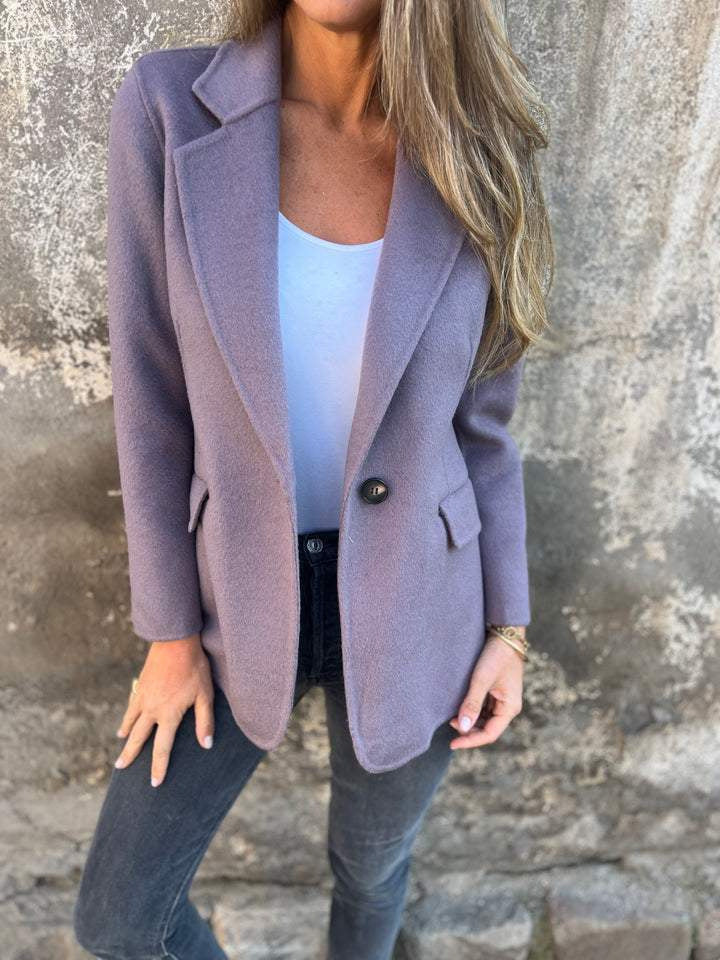 Women's Short Button Lapel Woolen Blazer Winter Commuter Jacket