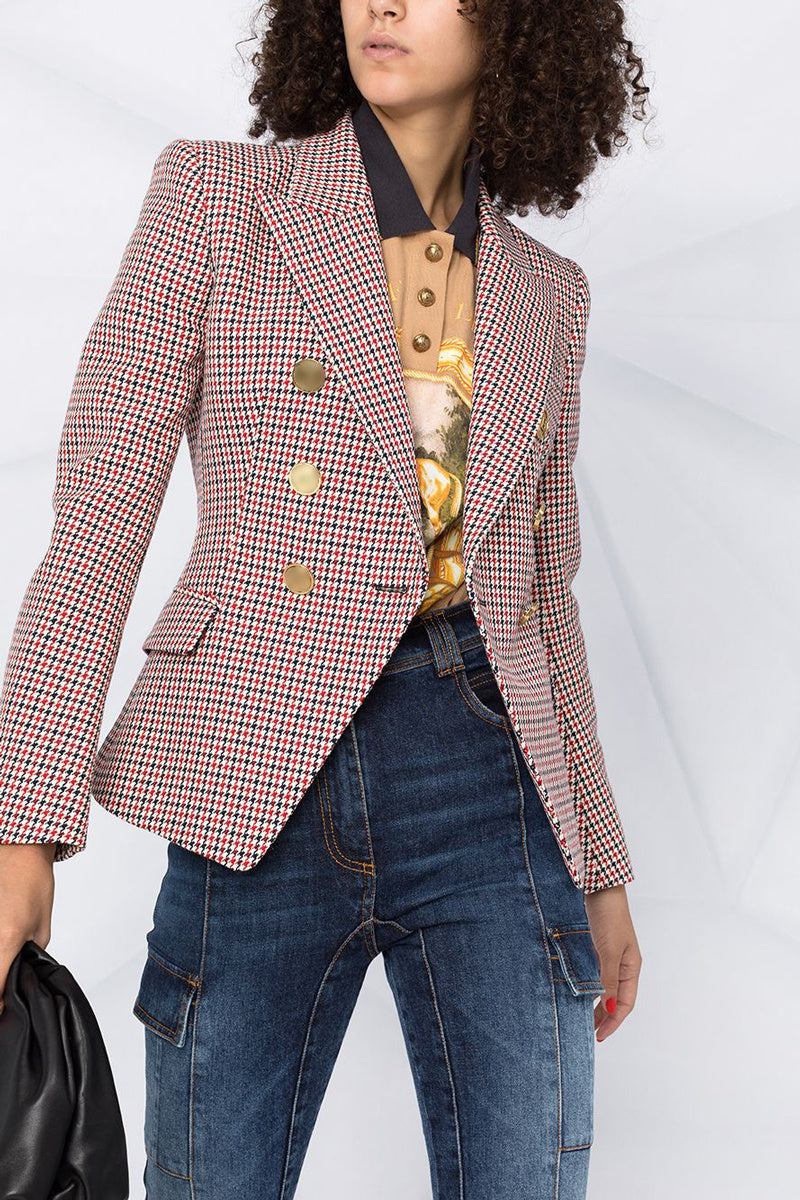 Women’s Red Houndstooth Double-Breasted Long-Sleeve Blazer Jacket