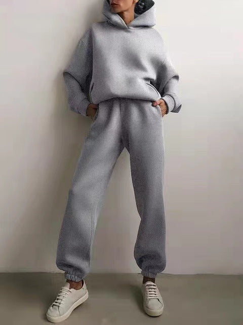 Solid Color Hooded Casual Suit in Black, White, Blue & Brown, Polyester, S-XL