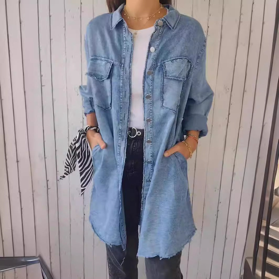 Cotton Linen Color Block Casual Long Shirt Coat