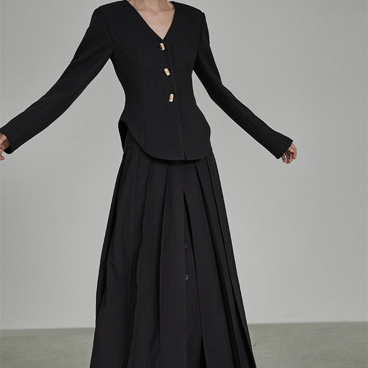 Women's Spring Chic Black Pleated Midi Skirt Polyester