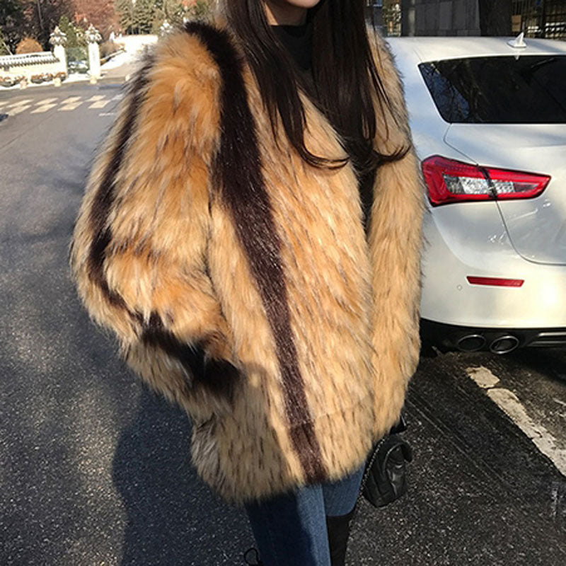 Marbled Artificial Fox Fur Coat in Mixed Color