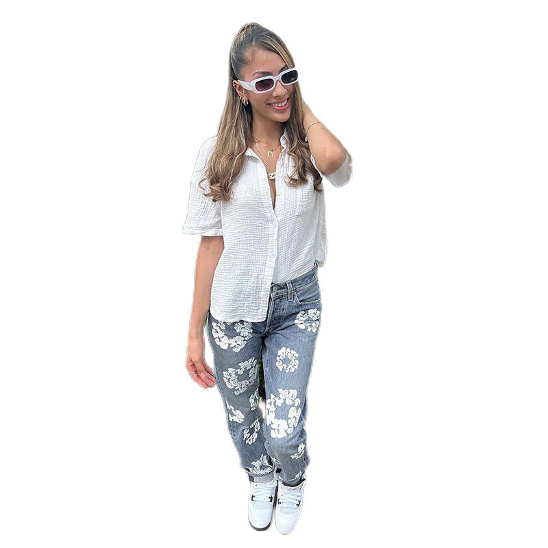 High Waist Blue Printed Straight Jeans for Women