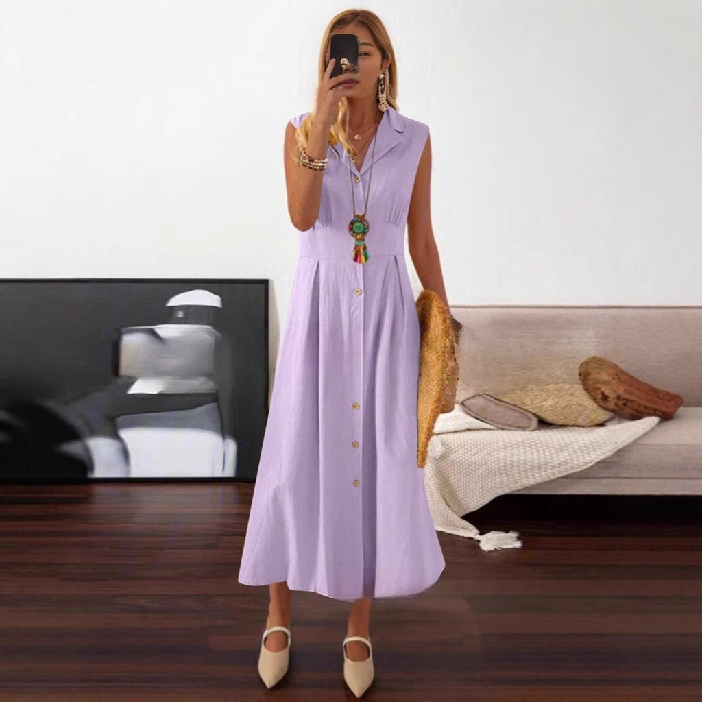 Plus Size Women's Sleeveless Cotton Linen Lapel Button Dress
