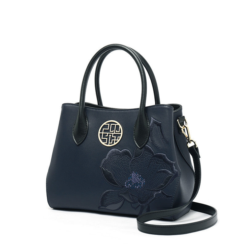 Mother's Day Birthday Gift Tote Bag for Mom – Red & Dark Blue Leather, Zipper Closure, 23cm x 30cm