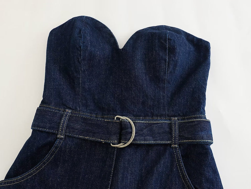 European & American Style Sleeveless Denim Jumpsuit with Belt for Women