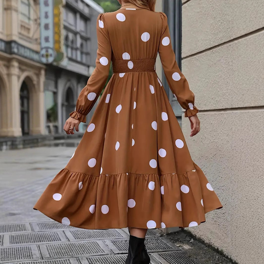 V-neck Long Sleeve Ruffled Hem Dress