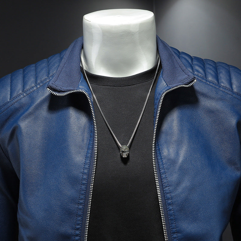 Men's Thin Leather Motorcycle Jacket with Stand Collar and Zipper Front