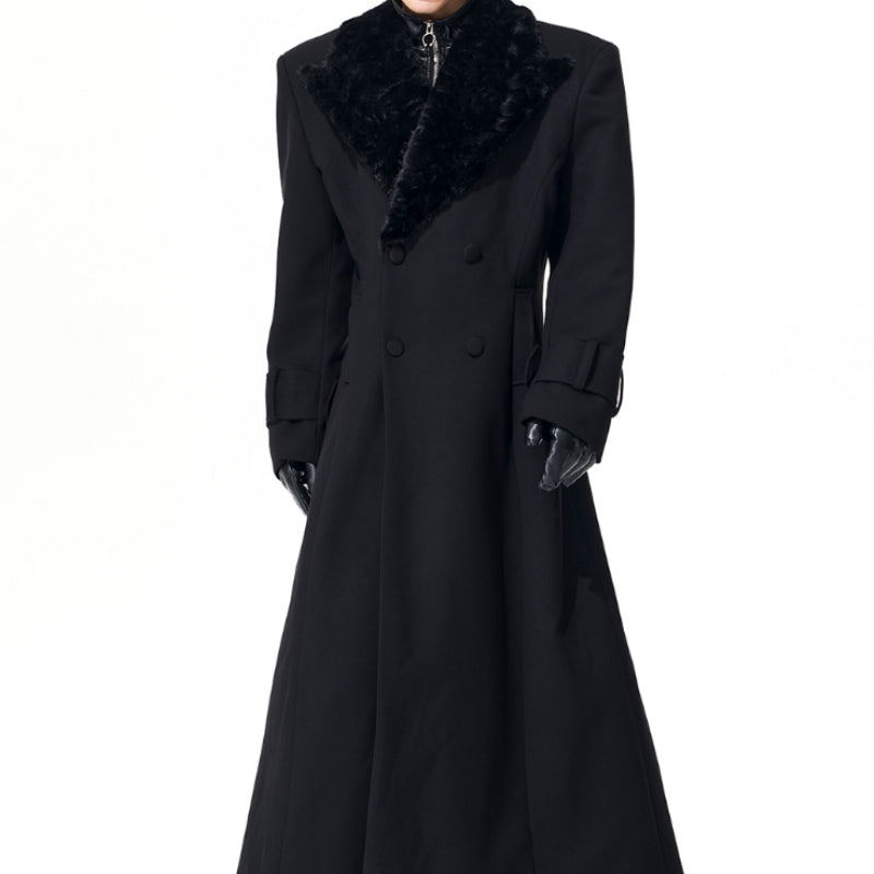 Noble Stitched Lapel Long Trench Coat Blazer in Black