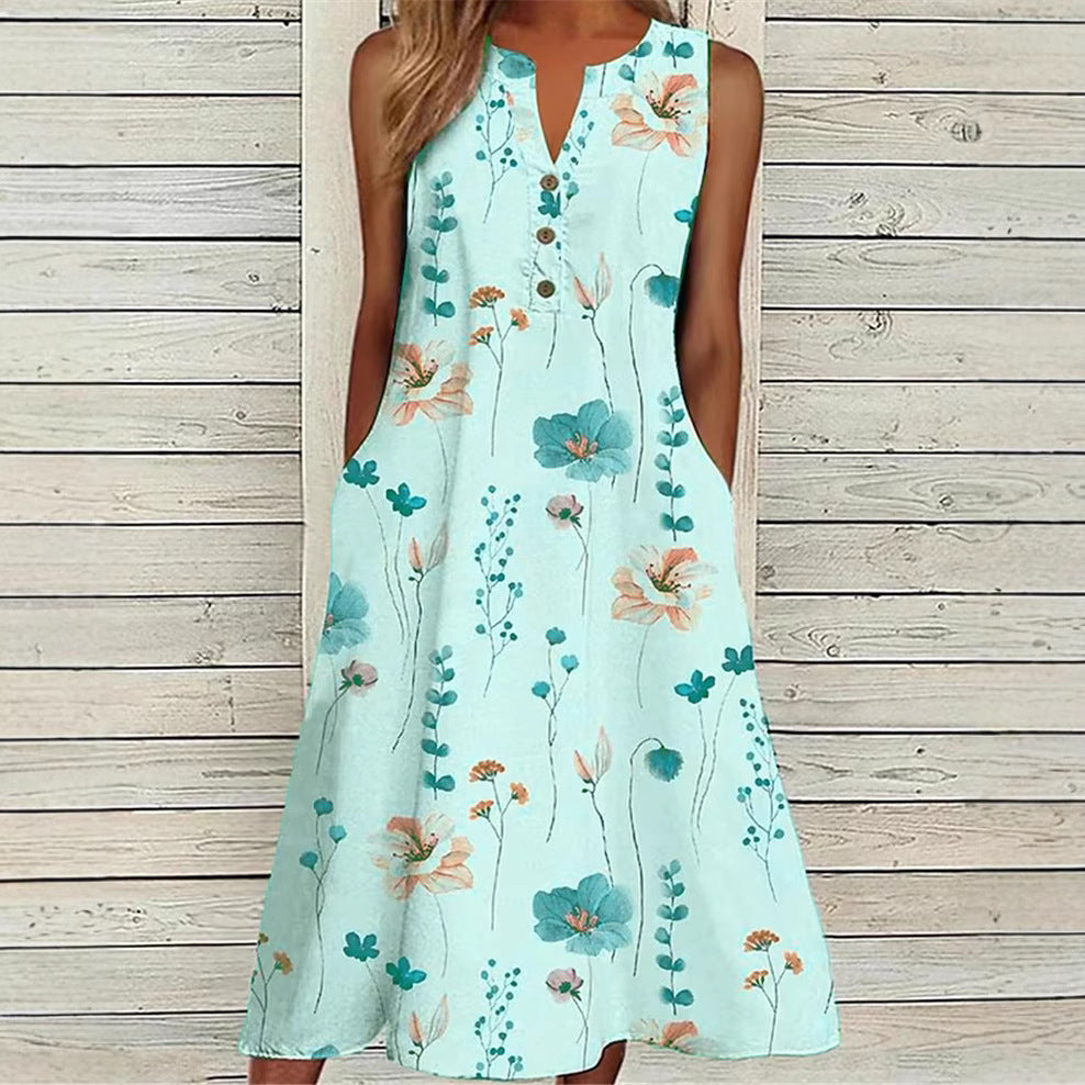 Summer V-Neck Casual Printed Long A-Line Skirt