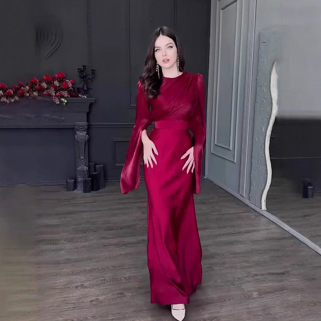 Satin Slim Fit Dress with Large Batwing Sleeves and Stitching Glass Yarn