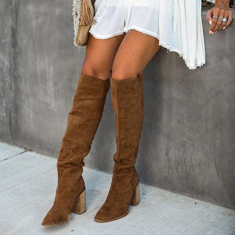 Women's Pointed Suede High Tube Boots with Thick Heel in Black, Gray & Brown