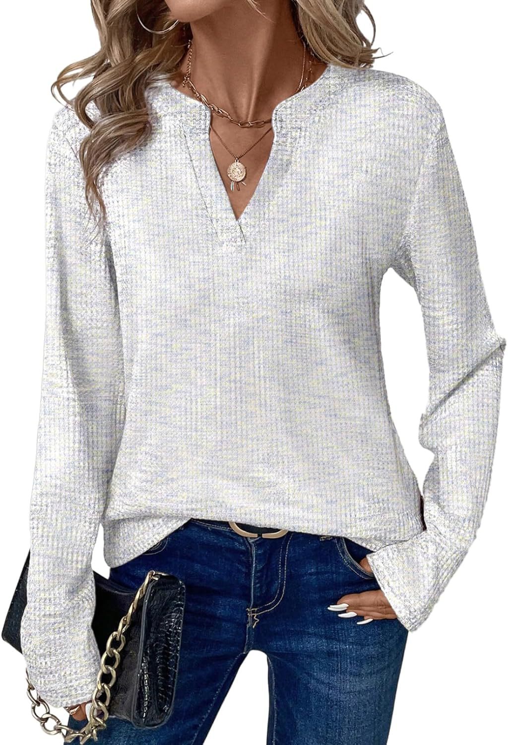 Women’s V-Neck Long-Sleeve Pullover Top Polyester Colorblock
