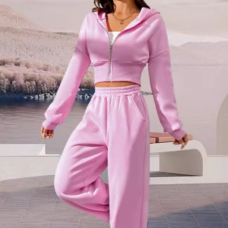 Pink Front Zip Hooded Sweatshirt & Two-Piece Pants Set