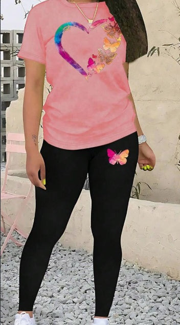 Digital Printed Women's Round Neck T-Shirt And Legging Set