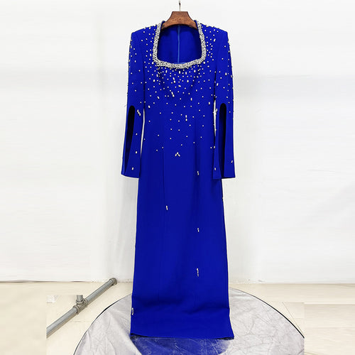 Embellished Beaded Long A-Line Dress with Slit Sleeve and Square Neckline
