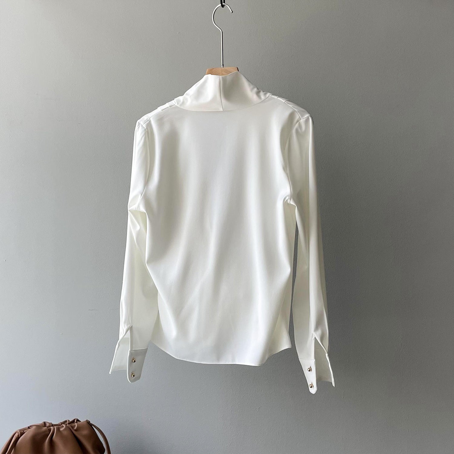 Women's Elegant White Satin V-Neck Long Sleeve Shirt
